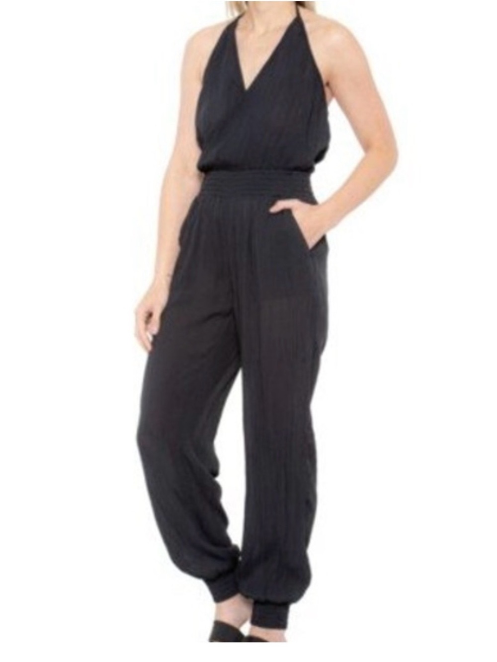 Prana Fernie Black Gauze Halter Jogger Jumpsuit Smocked Waist Womens Medium